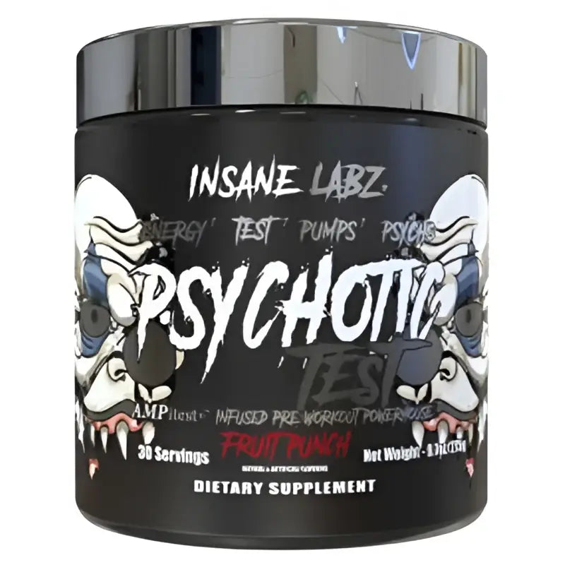Envase cilíndrico negro con tapa plateada de pre entreno psychotic test de insane labz con texto blanco y rojo y gráficos de calaveras